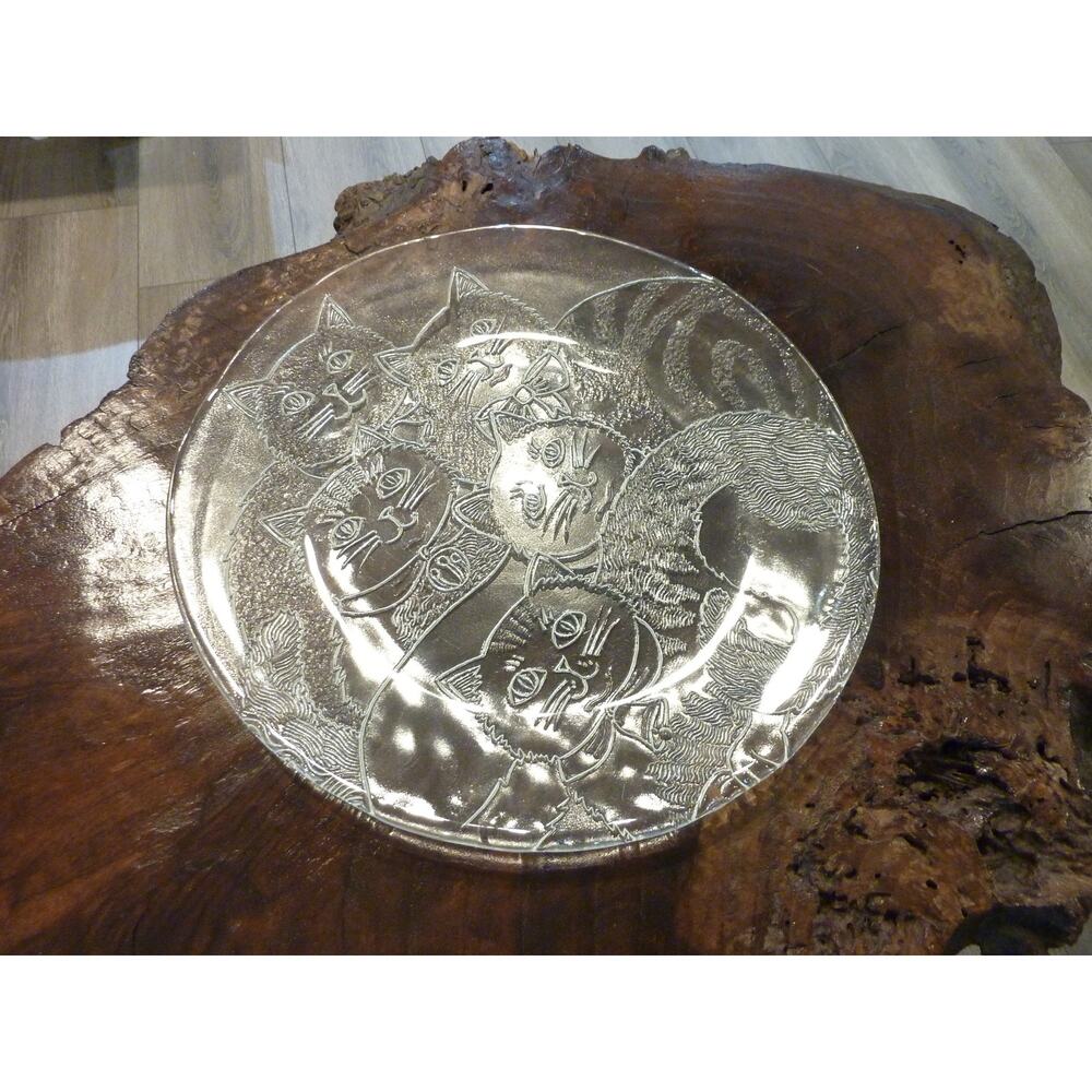 Vintage Cats Kittens Serving Plate Platter Clear Glass Embossed Cake Plate